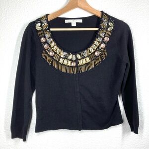 Boston Proper Black Gold Embellished Cardigan Sweater Size XS Snap Button Down